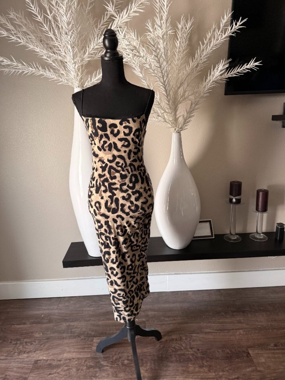 JLUXLABEL Leopard Print Midi Dress Size M Strapless Bodycon Made in USA